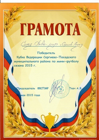 Грамота - Победитель Кубка Федерации по мини-футболу